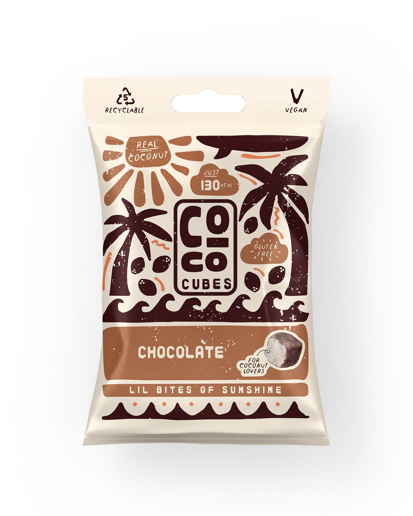 Packaging of CoCo Cubes chocolate bites with coconut illustrations on a white background