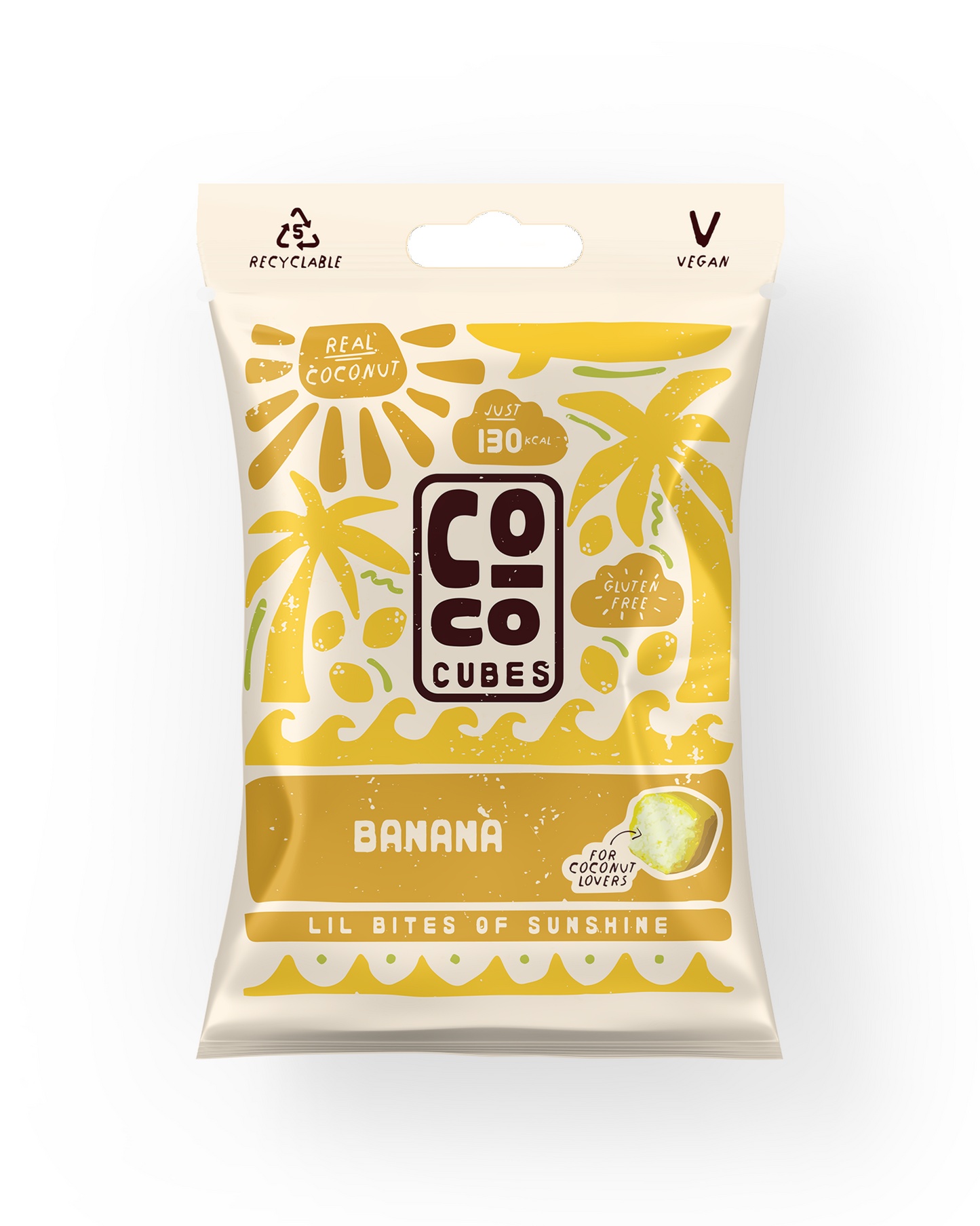 Packaging of Coco Cubes Banana flavor on a white background