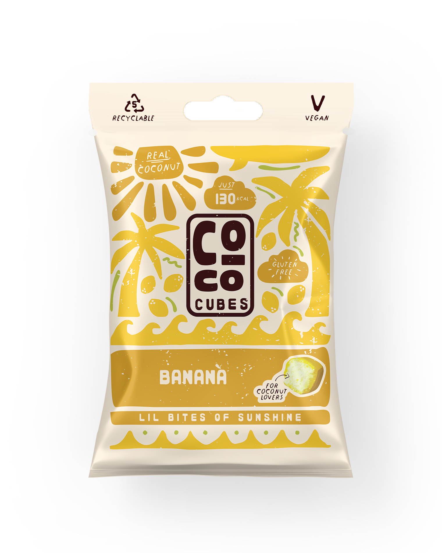 Packaging of Coco Cubes Banana flavor on a white background