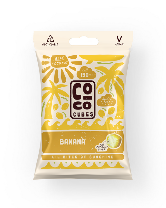 Packaging of Coco Cubes Banana flavor on a white background