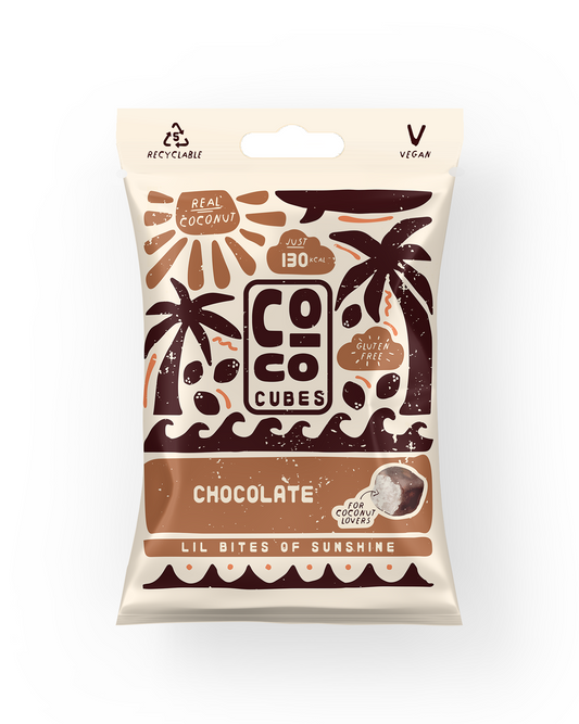 Packaging of CoCo Cubes chocolate bites with coconut illustrations on a white background