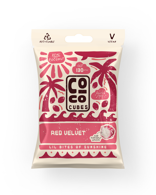 Packaging of CoCo Cubes Red Velvet flavor on a white background