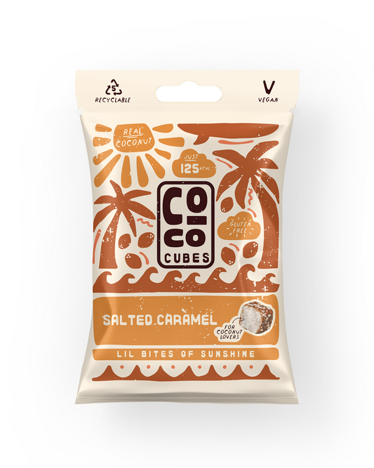 Packaging of Coco Cubes Salted Caramel flavor on a white background